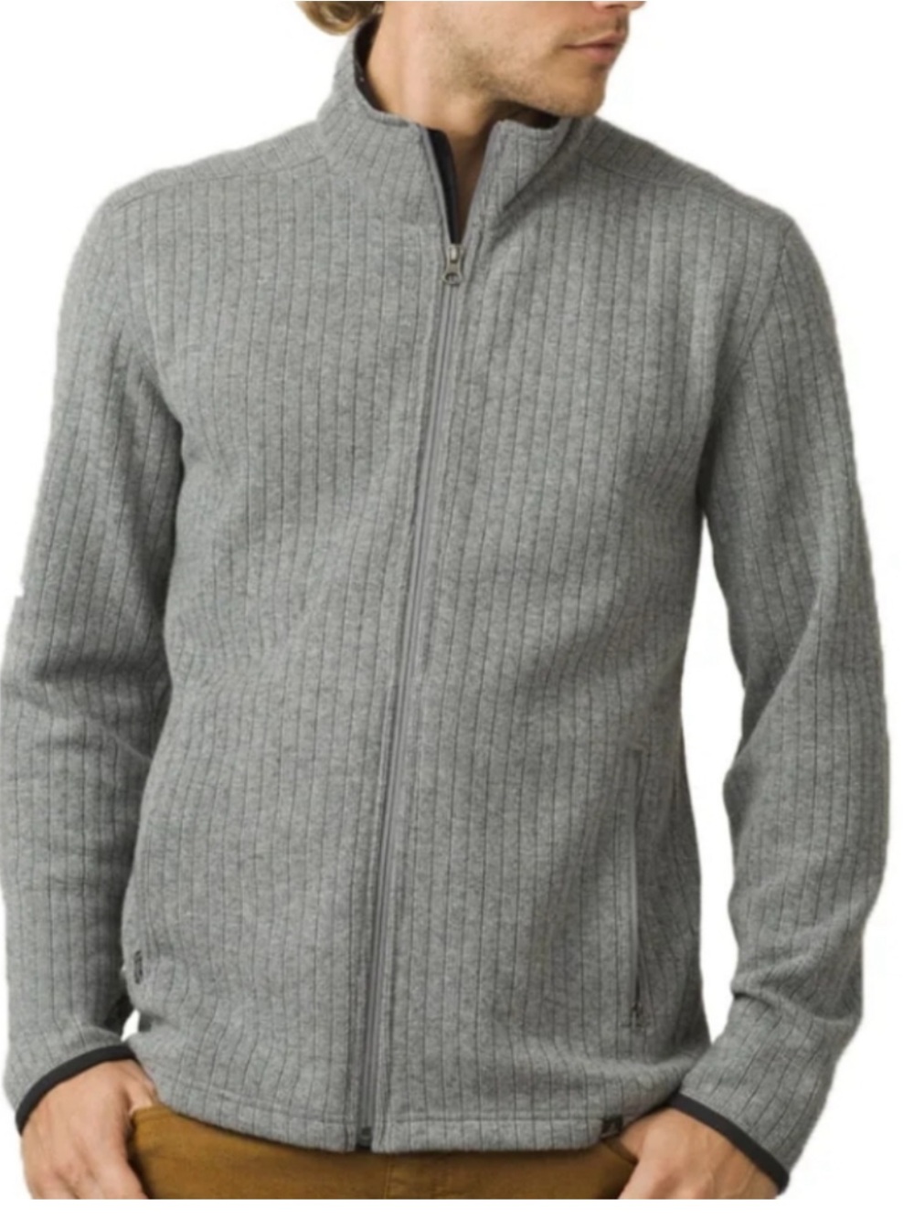Prana Gray Barclay Sweater Wool Blend Ribbed Knit Zip Up Jacket size L